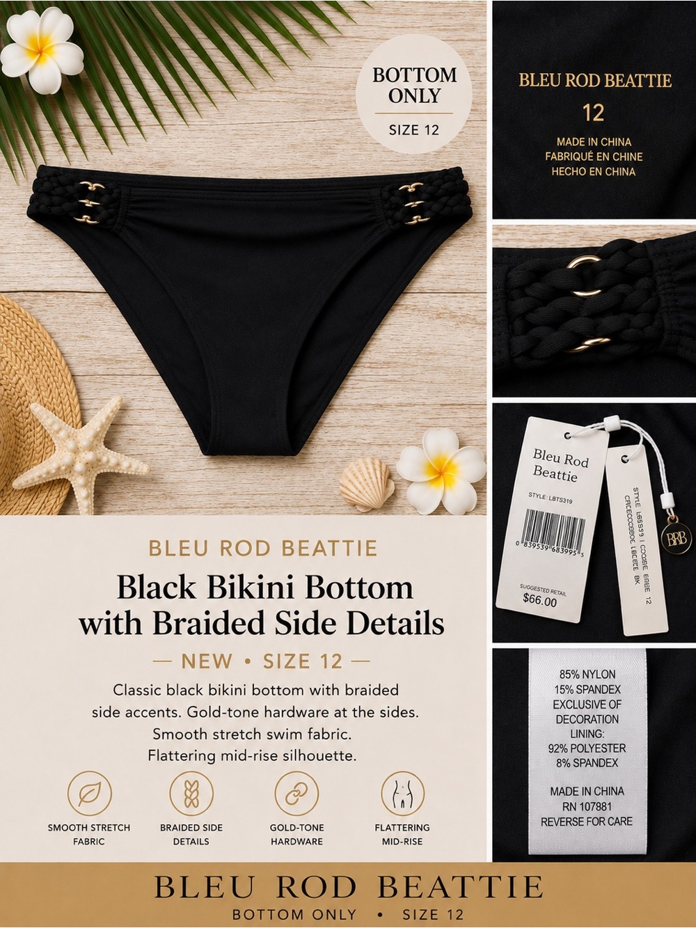 Bleu Rod Beattie Black Bikini Bottom with Braided Side Details NEW 12
